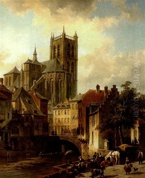 View Of The Town Of Huy On The Muese River, Belgium, With Cathedral Oil Painting by Jacques Francois Carabain