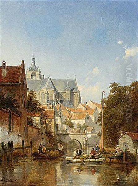 A Town Scene With Figures On A Canal Oil Painting by Jacques Francois Carabain