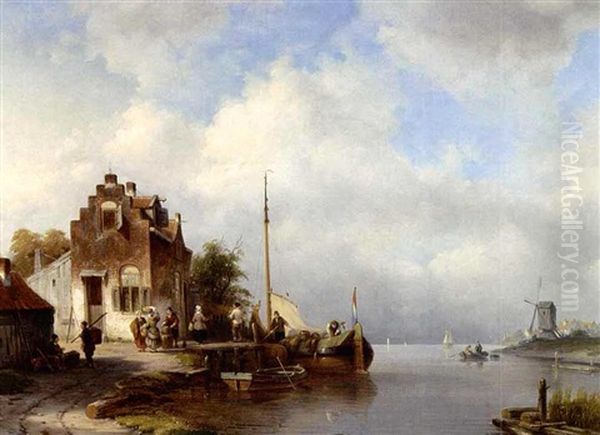 A View Of A Dutch Village On The Waterfront Oil Painting by Jacques Francois Carabain