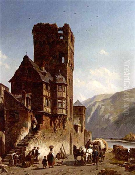 A Busy Street Scene In A River Side Town Oil Painting by Jacques Francois Carabain