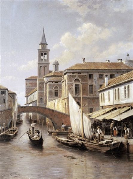 Le Marche Aux Poissons A Chioggia (italie) Oil Painting by Jacques Francois Carabain