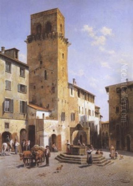 Piazza Della Cisterna San Giminano - Toscana Oil Painting by Jacques Francois Carabain