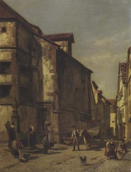 Villagers By A Fountain In A Sunny Street Oil Painting by Jacques Francois Carabain