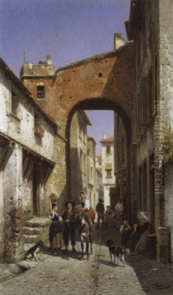 Rue A Monterosso (italie) Oil Painting by Jacques Francois Carabain