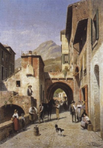 Une Rue A Monte-rosso, Bords De La Mediterranee (italie) Oil Painting by Jacques Francois Carabain