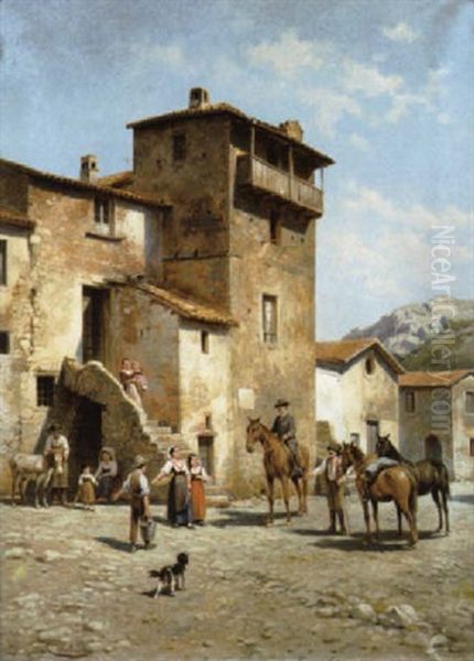 Une Rue A Anticoli Corrado (italie) Oil Painting by Jacques Francois Carabain