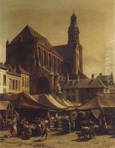 Market Day In Antwerp Oil Painting by Jacques Francois Carabain