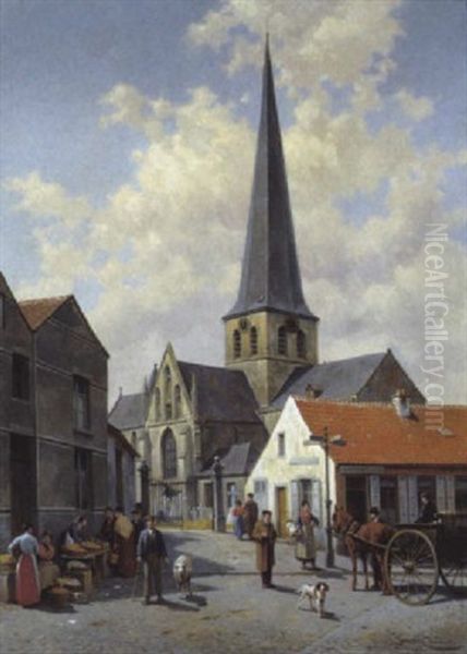 Une Vue De L'eglise A Lennick St. Quintin Oil Painting by Jacques Francois Carabain