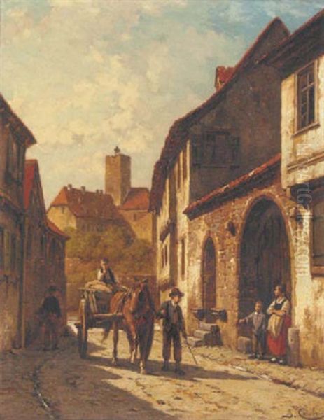 A Horse And Cart On A Continental Backstreet Oil Painting by Jacques Francois Carabain