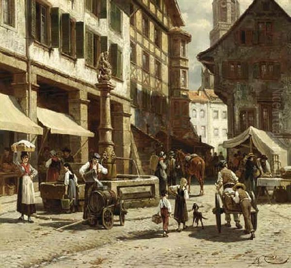 A Busy Market Square In A Town Oil Painting by Jacques Francois Carabain