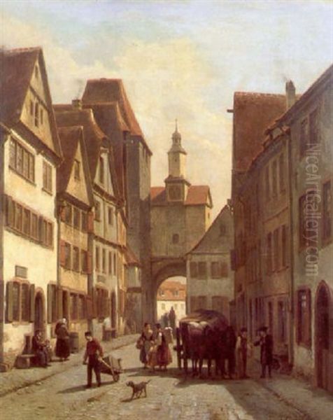 Belgian Street Scene Oil Painting by Jacques Francois Carabain