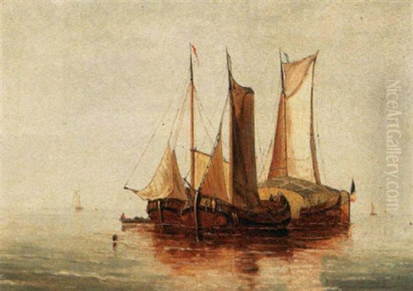 Moored Sailing Vessels Oil Painting by Jacques Francois Carabain