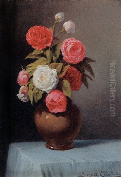 Roses In A Vase Oil Painting by Jacques Francois Carabain