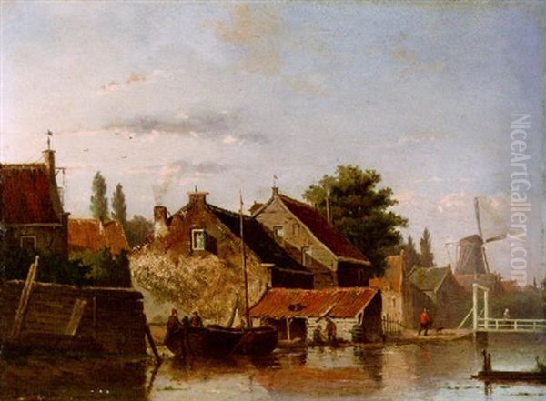 Kleines Dorf Mit Backsteinhauser Am Fluss Oil Painting by Jacques Francois Carabain