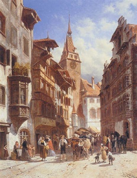 Figures In A Street In Zug, Switzerland by Jacques Francois Carabain