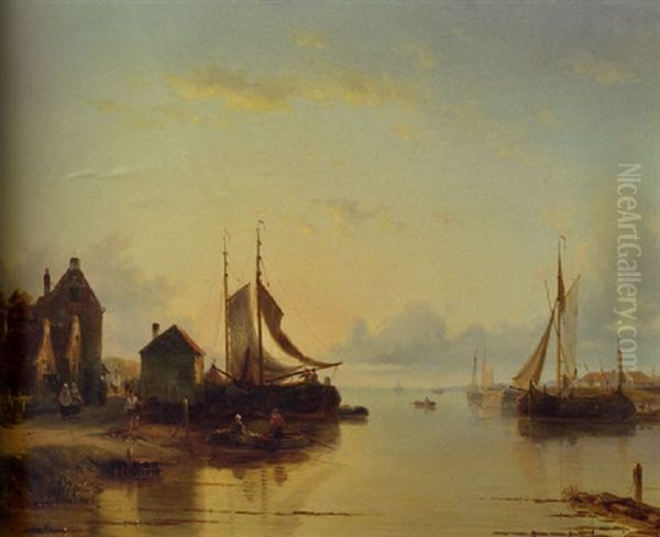 View Of A Small Fishing-port At Dusk Oil Painting by Jacques Francois Carabain