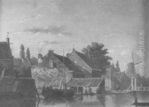 Kleines Dorf Mit Backsteinhausern Am Flus Oil Painting by Jacques Francois Carabain