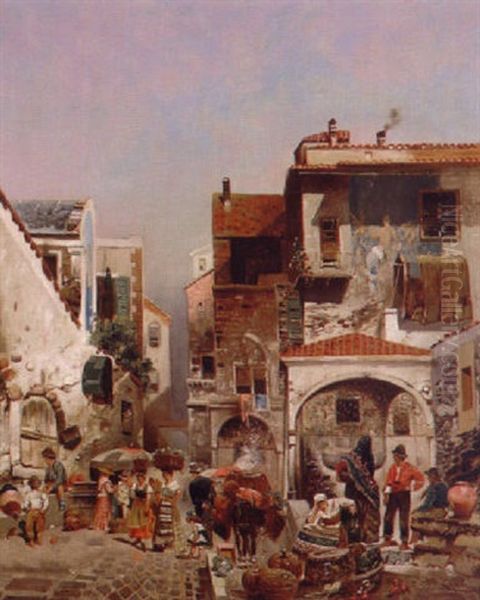 The Village Market Oil Painting by Jacques Francois Carabain