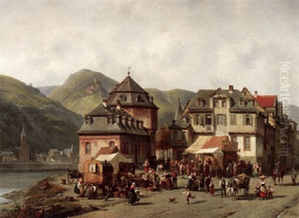 Kirmes In St. Goar Mit Blick Auf St. Goarshausen Oil Painting by Jacques Francois Carabain