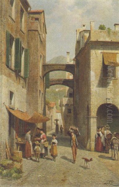 A Sunny Street Scene Oil Painting by Jacques Francois Carabain