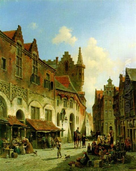 Morning In A Busy Market Oil Painting by Jacques Francois Carabain