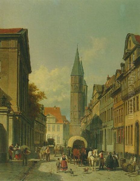 A Busy Street In A German Town Oil Painting by Jacques Francois Carabain