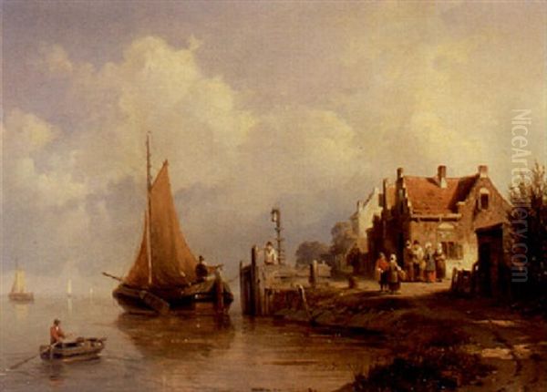 A River Landscape With A Sailing Vessel Near A Village Oil Painting by Jacques Francois Carabain