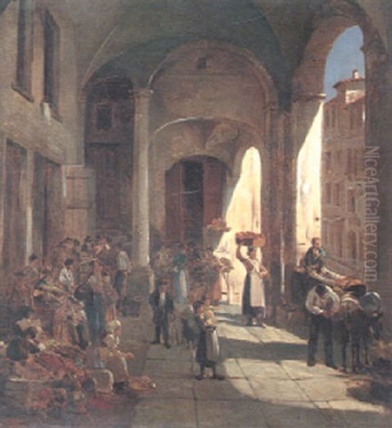 A Market Scene Oil Painting by Jacques Francois Carabain