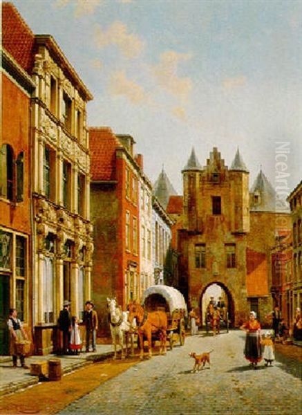 A Busy Continental Street Oil Painting by Jacques Francois Carabain