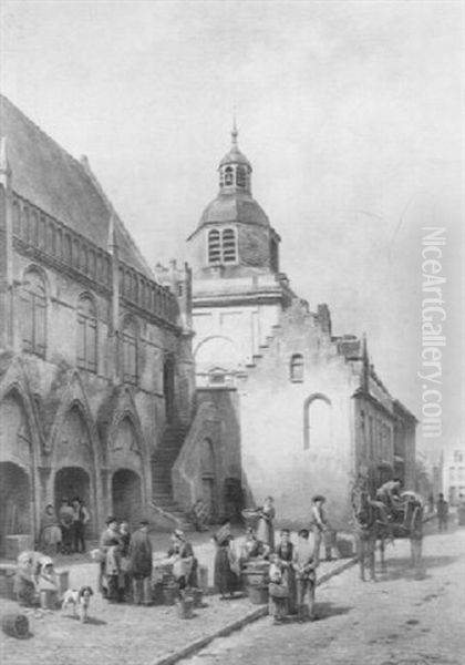 L'ancienne Halle Et L'eglise A Niouw-poort Oil Painting by Jacques Francois Carabain