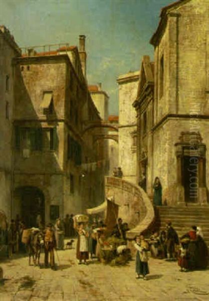 In The Marketplace Oil Painting by Jacques Francois Carabain