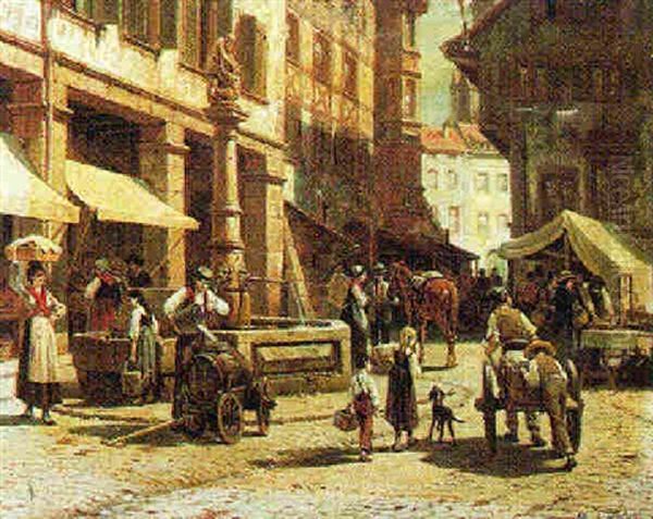 A Market Scene Oil Painting by Jacques Francois Carabain