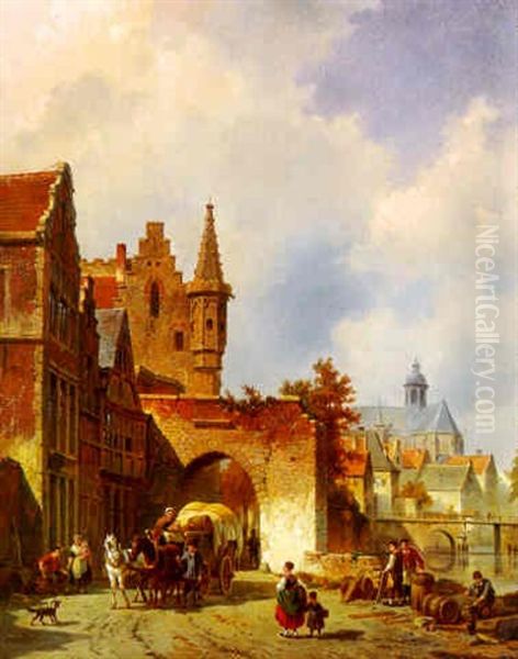 Stadsgezicht Met Paard En Wagen Bij Een Poort Oil Painting by Jacques Francois Carabain