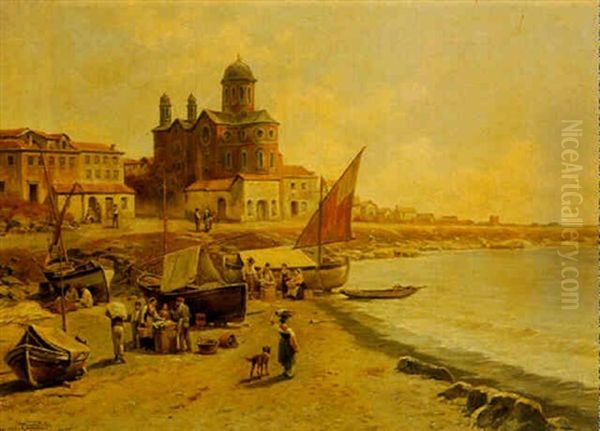 La Plage De Saint-raphael (en Italie) Oil Painting by Jacques Francois Carabain