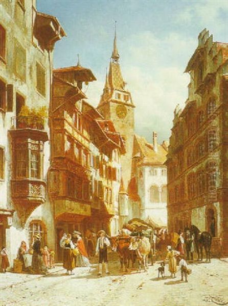 A Street Scene In Zug, Switzerland Oil Painting by Jacques Francois Carabain