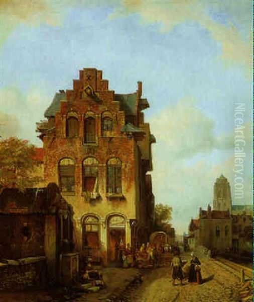 A Town Scene Oil Painting by Jacques Francois Carabain