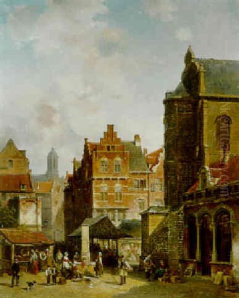 A Dutch Street Scene Oil Painting by Jacques Francois Carabain