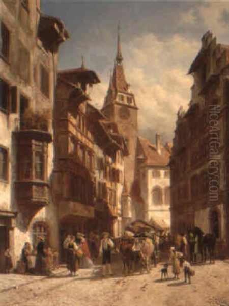 A Street Scene In Zug, Switzerland Oil Painting by Jacques Francois Carabain