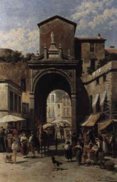 Vue De La Porte Capuana, A Naples, Un Jour De Marche Oil Painting by Jacques Francois Carabain