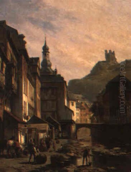 Town Along A River Oil Painting by Jacques Francois Carabain