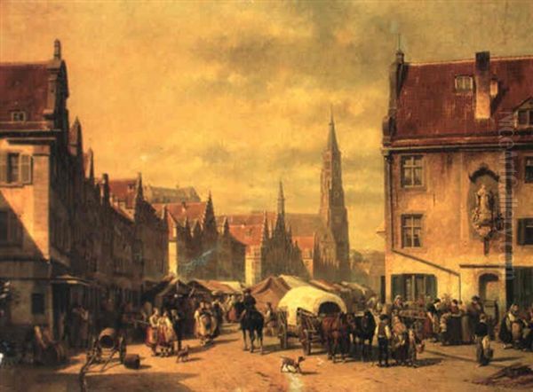 Market Day, Landschut, Bavaria Oil Painting by Jacques Francois Carabain