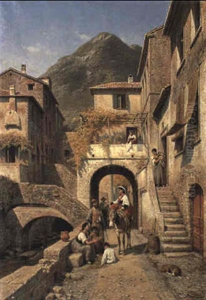 A Street In Monte Rosso, Cinque Terre, Genoa Oil Painting by Jacques Francois Carabain