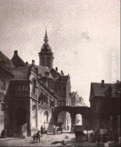 A Continental Street Scene With Men Hauling Stones Oil Painting by Jacques Francois Carabain