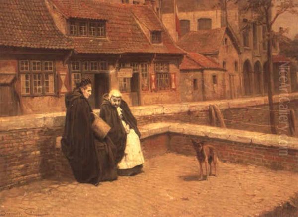 La Visite Au Beguinage De Bruges Oil Painting by Jacques Francois Carabain