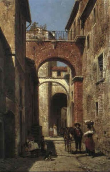 Italian Street Scene Oil Painting by Jacques Francois Carabain