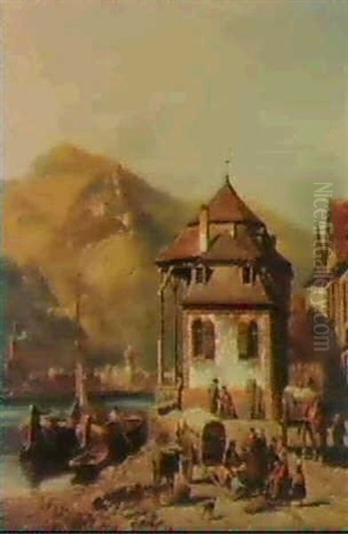 St. Goar On The Rhine, With St. Goarhausen And Katz Castle  Beyond Oil Painting by Jacques Francois Carabain