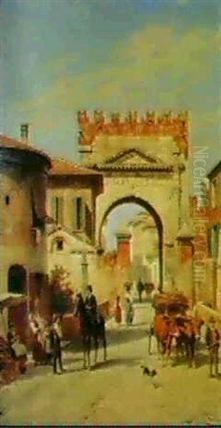 A Busy Street Scene In Italy Oil Painting by Jacques Francois Carabain