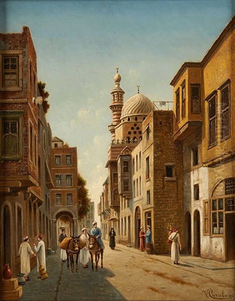 Rue Souk El Selaks Au Caire Oil Painting by Victor Carabain