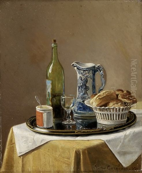 Stillleben Mit Delfter Krug, Weinflasche Und Porzellankorb Mit Brotchen Oil Painting by Victor Carabain