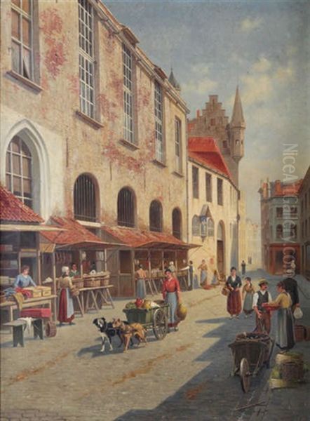 Vue D'une Rue Animee Oil Painting by Victor Carabain